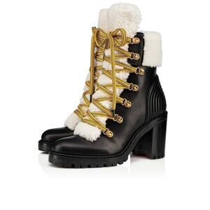 Christian Louboutin Yetita 70 Black Calf Leather Shearling Heel Combat Boot 35